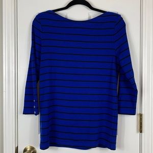 Willi Smith blue and black striped 3/4 length sleeves top size Large. Boat neck